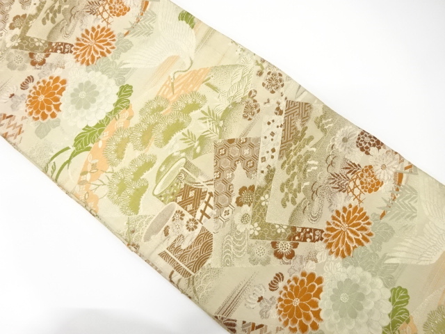 JAPANESE KIMONO / ANTIQUE MARU OBI / WOVEN CRANE & FLORAL PLANTS